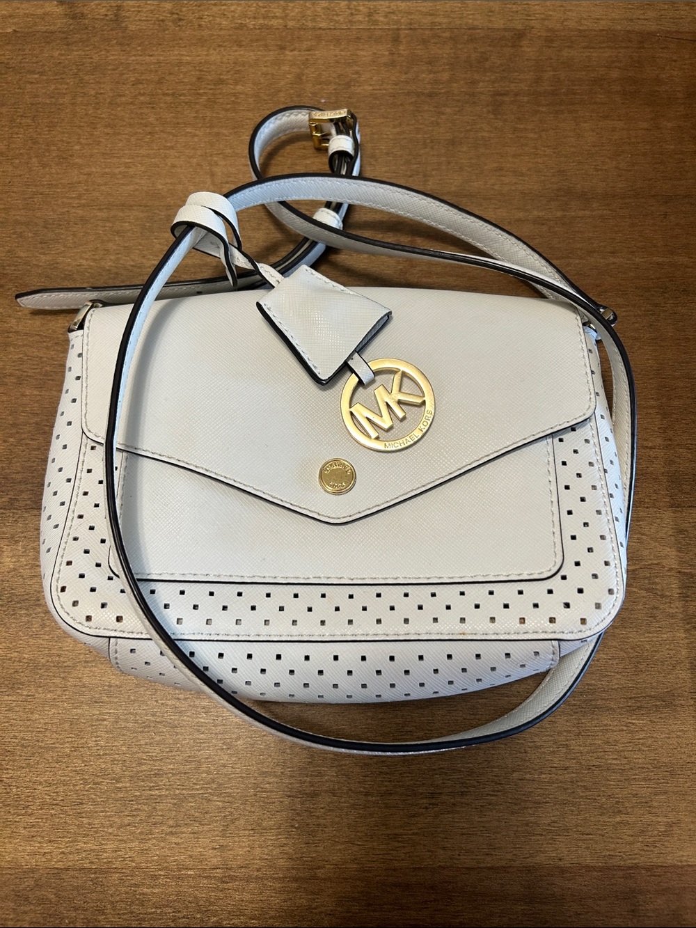 Michael Kors Cream Perforated Leather Crossbody with Gold MK Charm